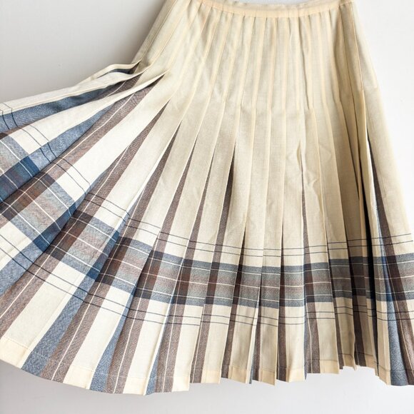 Highland Queen Wool Fully Reversible Ivory Brown Blue Pleated Midi Skirt M - Picture 4 of 6